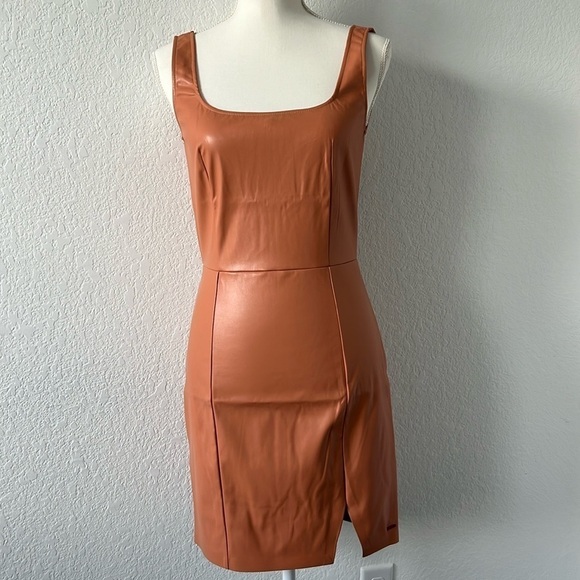 NWT N:Philanthropy Nuevo Vegan Leather Mini Dress in Camel in Size Medium - Picture 5 of 12